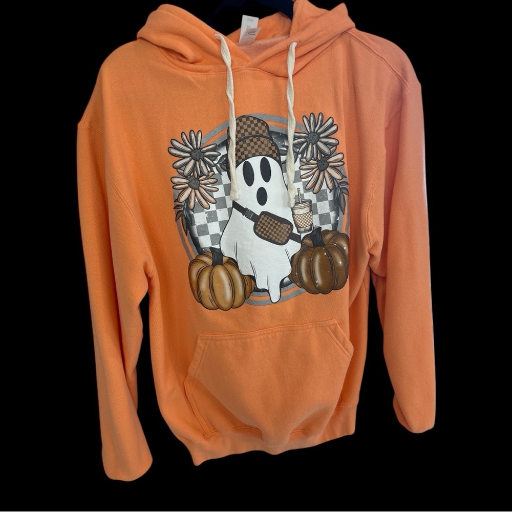 Orange Hoodie with Ghost and Pumpkin Design, sz Med